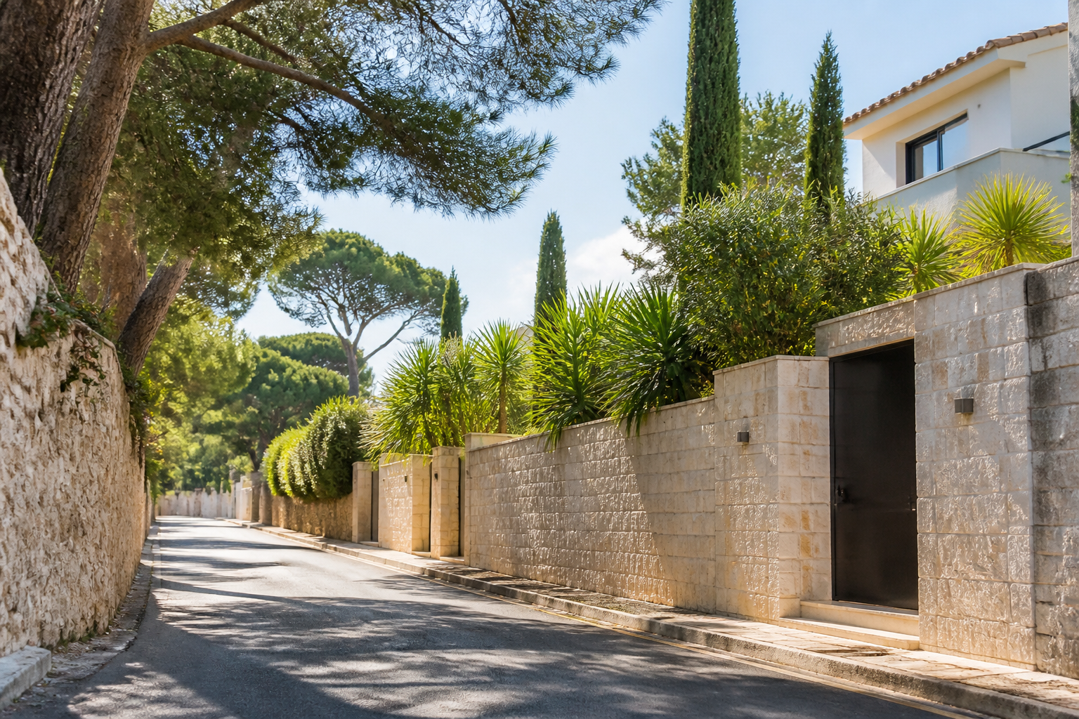 Rue résidentielle à Antibes, cadre typique pour une visite immobilière sur la Côte d’Azur