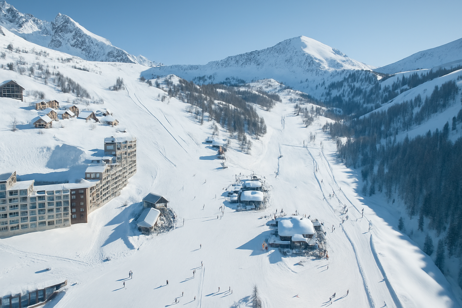 Vue panoramique d'Isola 2000, station de ski des Alpes-Maritimes avec pistes enneigées