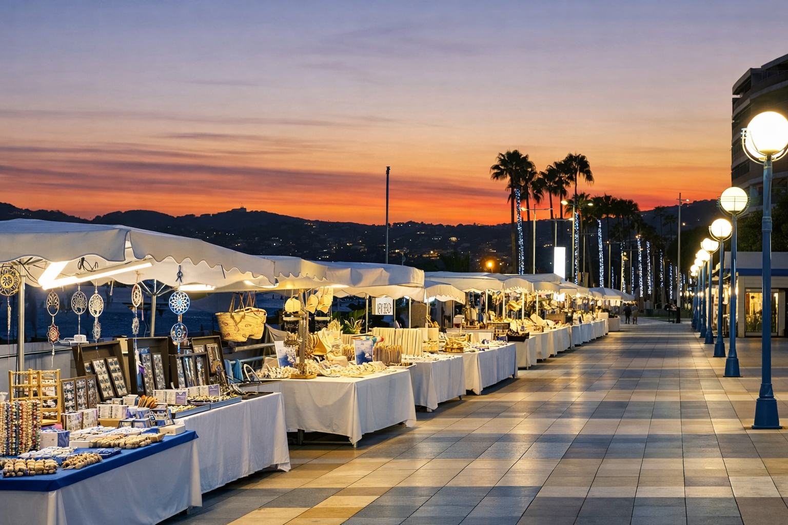 Marché nocturne du Soleil à Juan-les-Pins avec stands illuminés et ambiance estivale