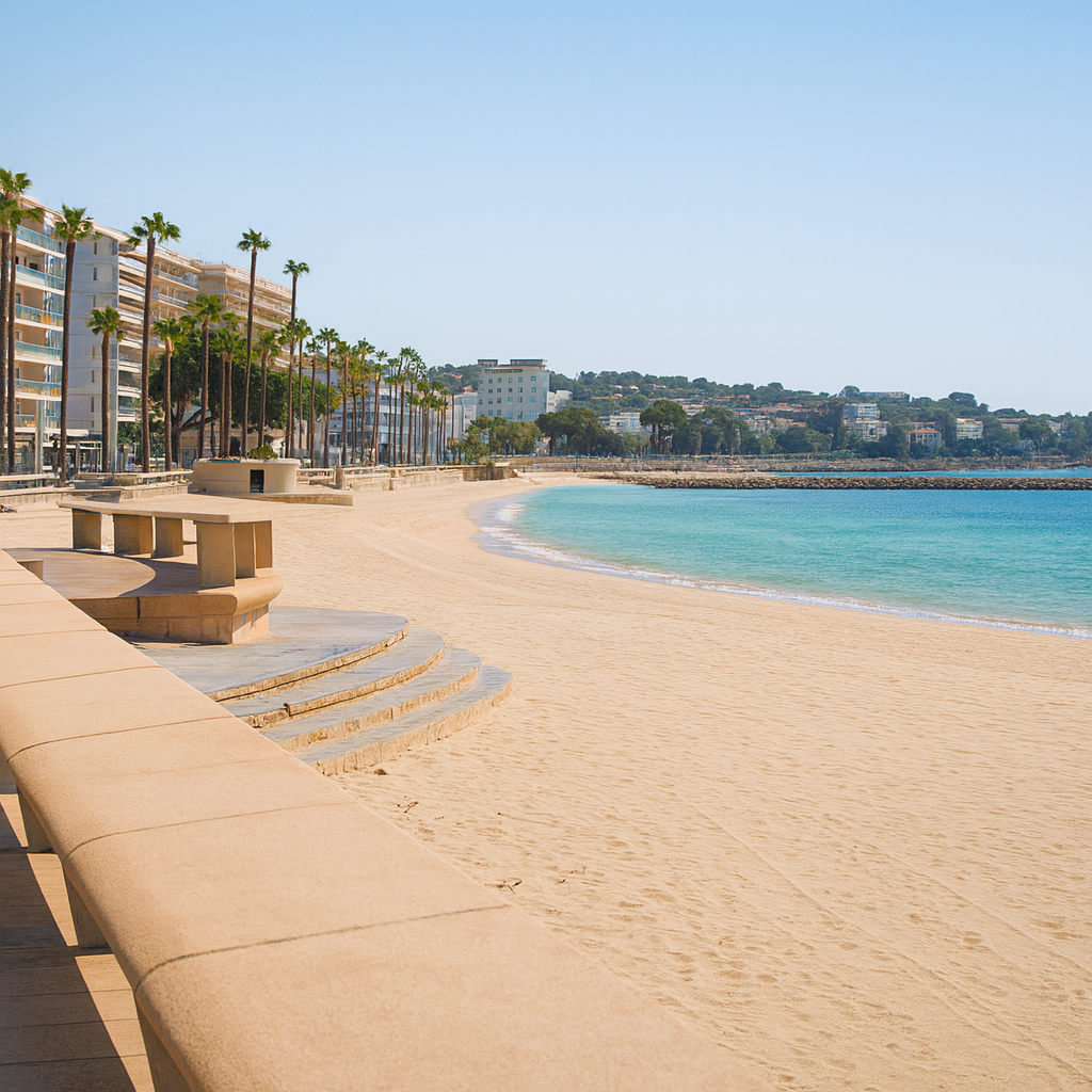 Plage principale de Juan-les-Pins avec restaurants et activités nautiques pour familles