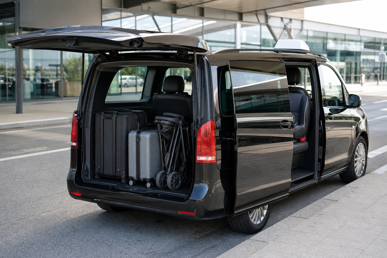 Coffre ouvert d’un van taxi avec valises, poussette pliée et siège enfant installé à l’arrière, à l’aéroport