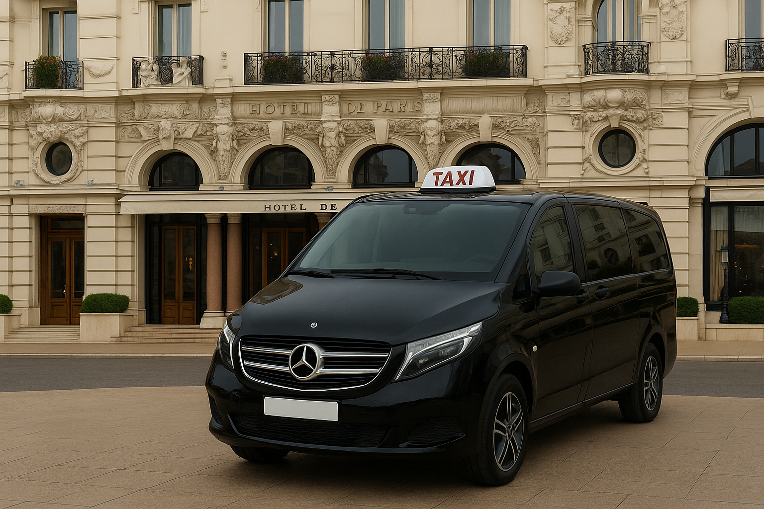 Van premium Taxi Antibes devant un hôtel à Monaco